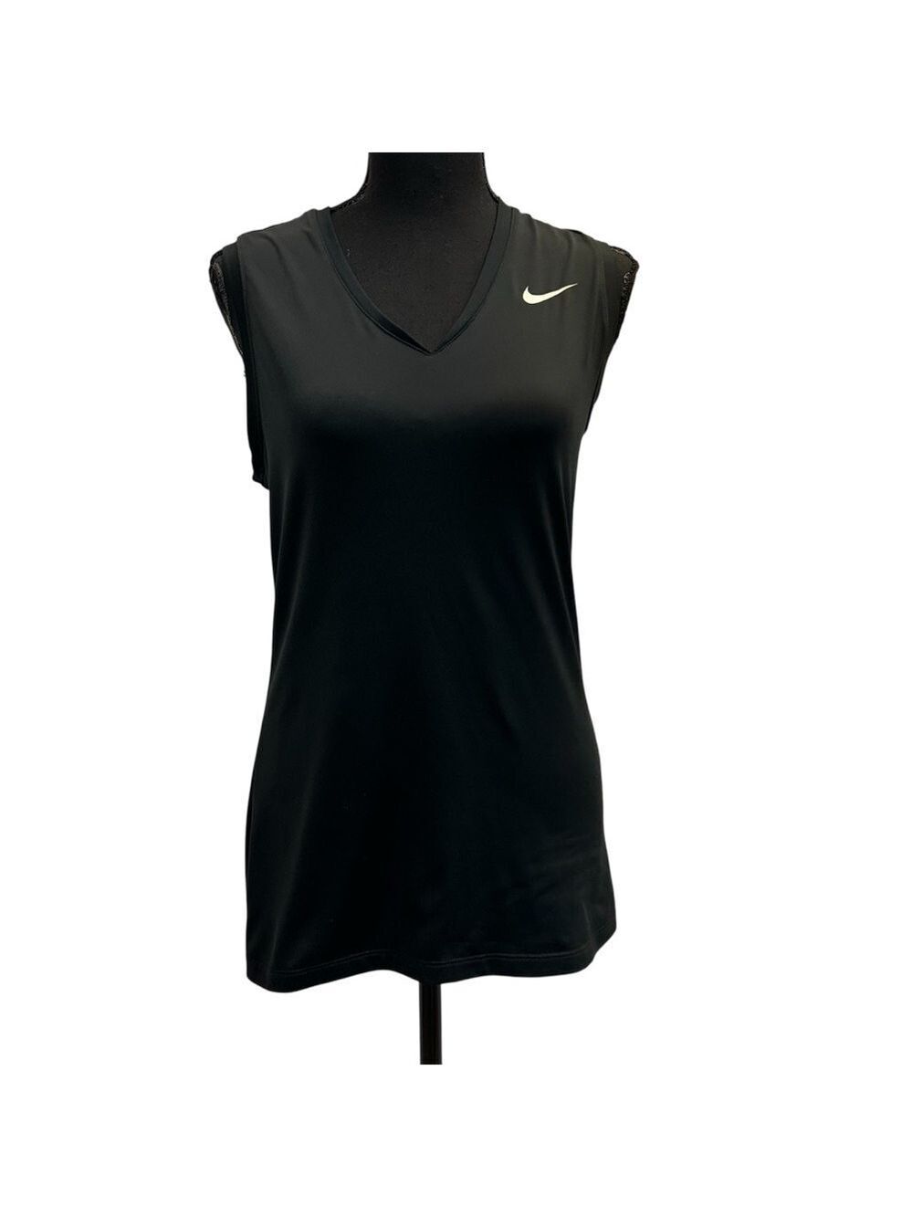 Nike golf dri-fit black sleeveless V-neck tank top white swoosh logo S athletic